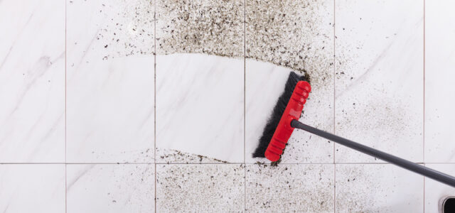 High Angle View Of Broom Cleaning Dirt On Tiled Floor At Home