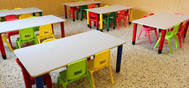 Sanitized Children's Tables and Chairs in Daycare Classroom
